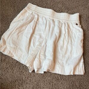 High-Rise White Textured Cotton Blend Shorts